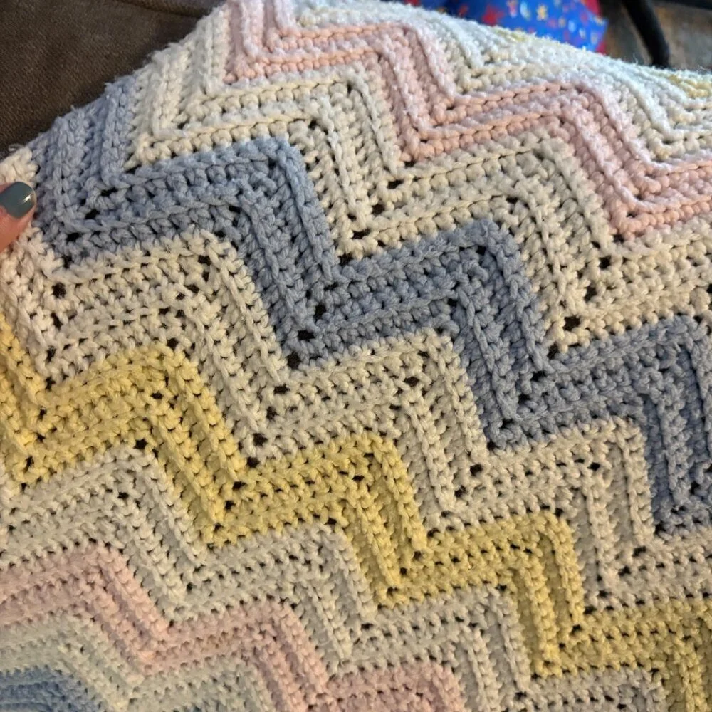 Handmade gender neutral colorful chevron knitted baby blanket